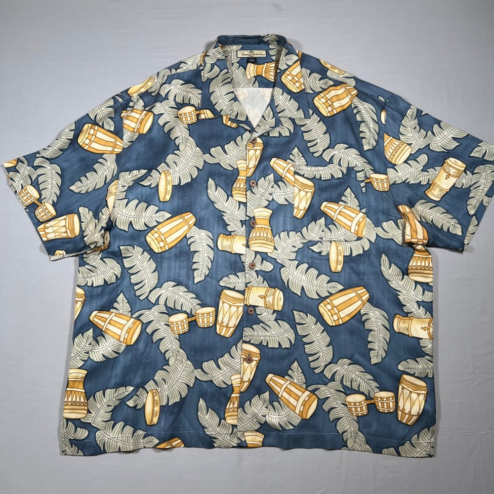 Tommy Bahama Mens XXL Silk Camp Shirt Blue Tropical Drum Palm Leaf Button Up